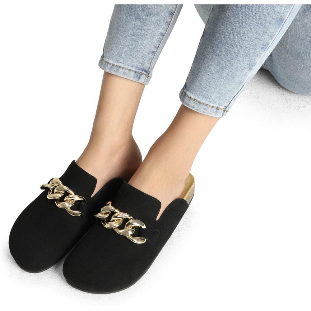 SOLD Soft bed black clogs with gold chain detail